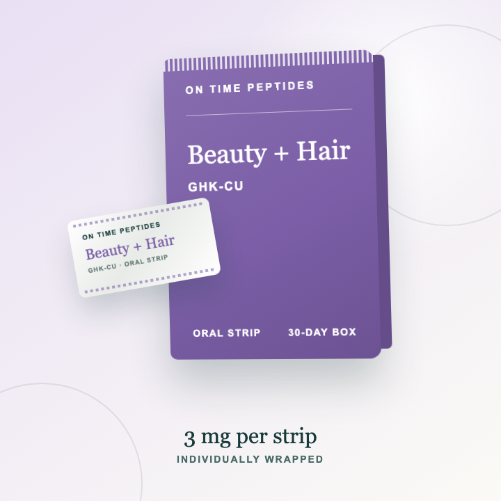 Beauty + Hair GHK-Cu oral dissolving strips with branded box and individual sachet