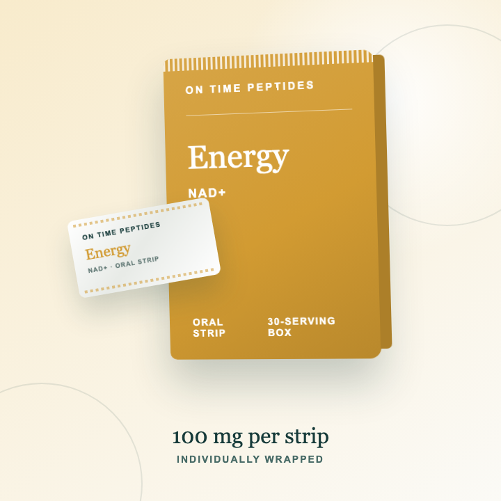 Energy NAD+ oral dissolving strips with branded box and individual sachet