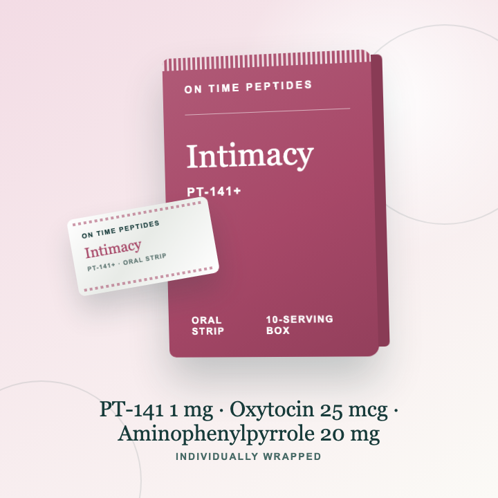 Intimacy PT-141+ oral dissolving strips with branded box and individual sachet